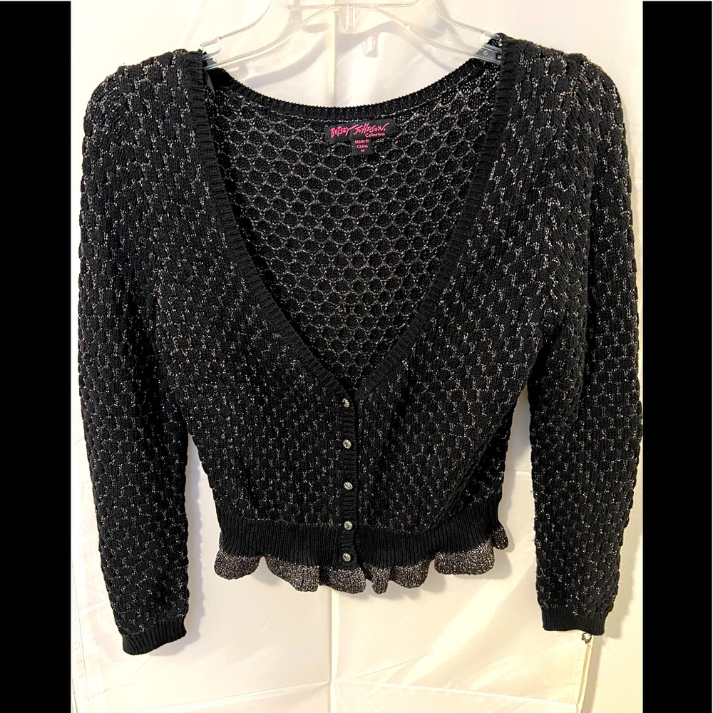 *Betsey Johnson* Good used condition crop top cardigan- black and silver. Size M